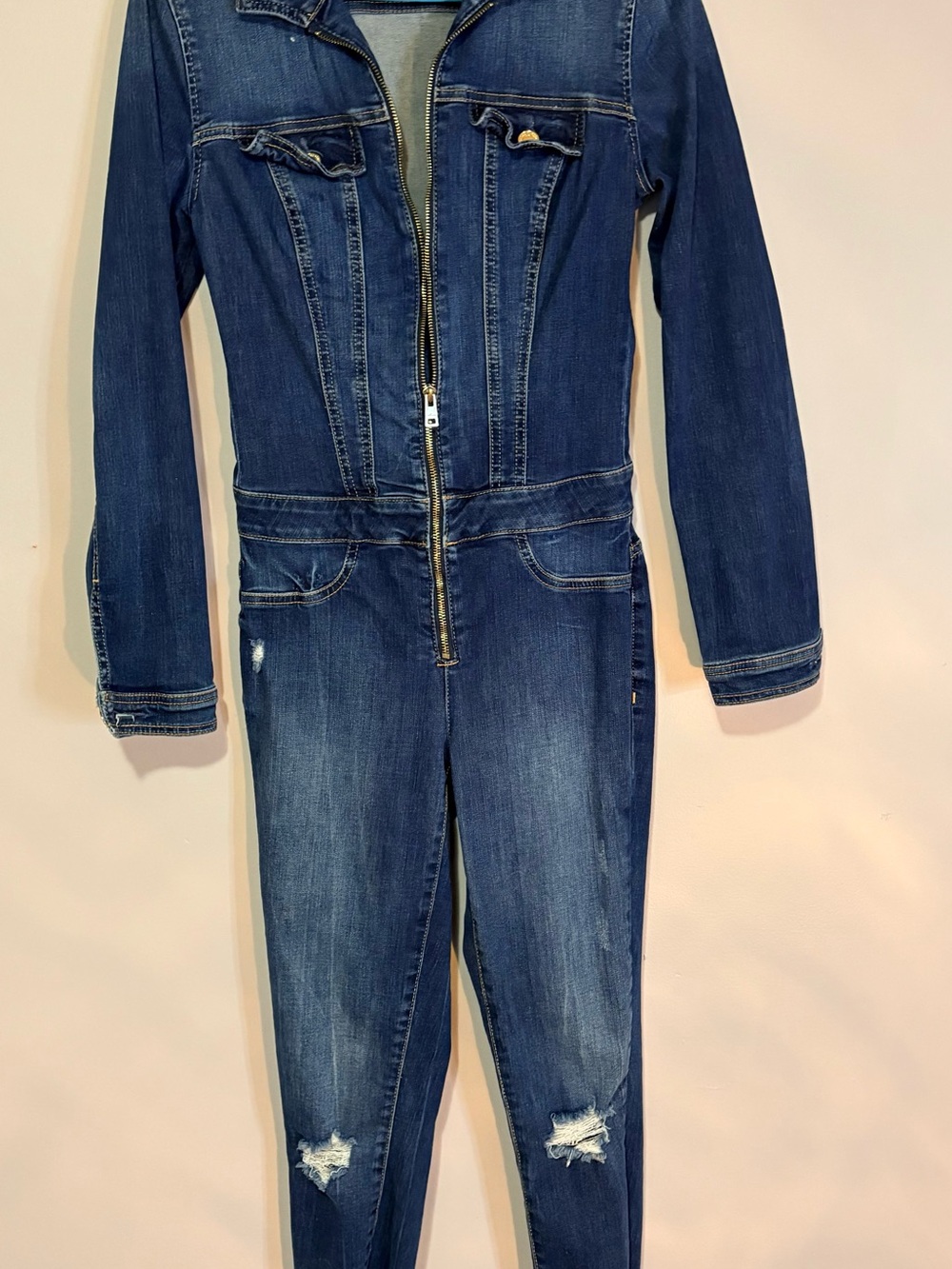 Guess Dark Blue Distressed Denim Zip-Front One Piece Jumpsuit